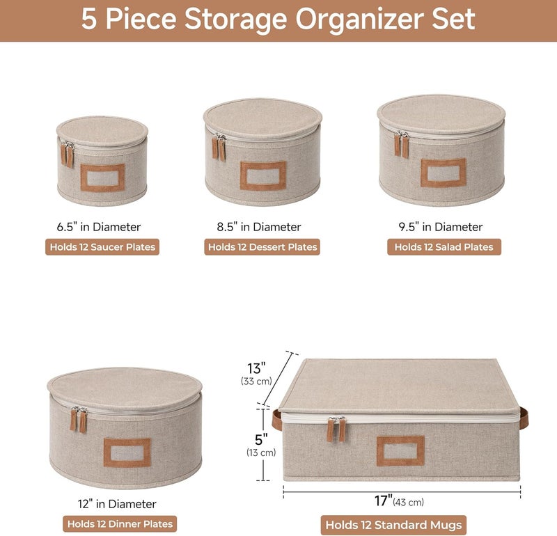 StorageWorks China Storage Containers, Hard Shell Storage Boxes for Plates, Mugs, Stemware Storage Cases, Holds up to 12 Place Settings, Foldable and Stackable Organizers, 5 Pack, Brown and Beige - Image 4